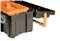 A black toolbox with orange details, open, reveals compartments for tool storage. Practical handle for easy transportation.