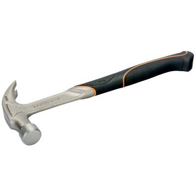 A silver hammer with a black and orange handle lies horizontally.