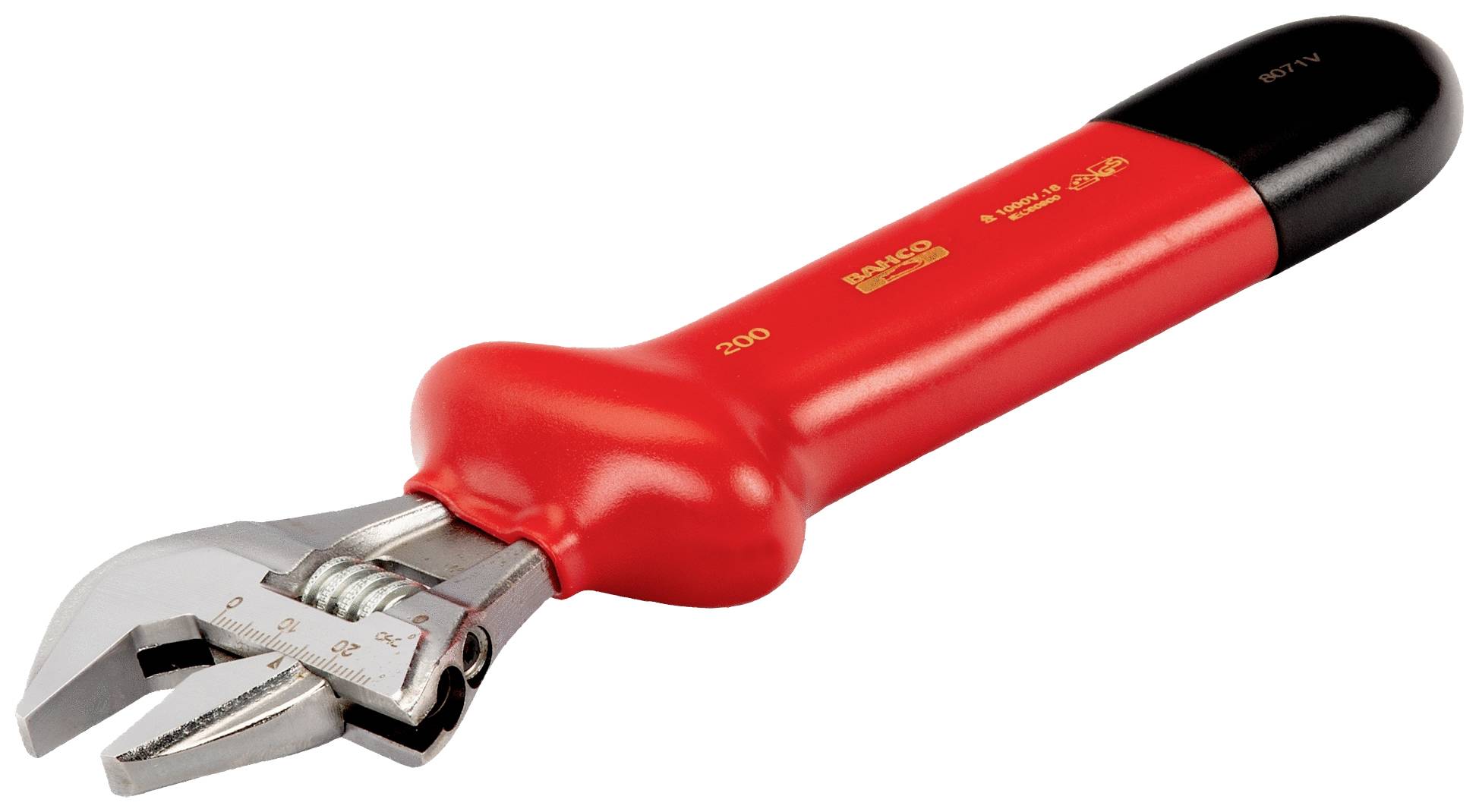 An adjustable spanner with a red handle, suitable for various screw sizes.