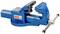 Blue metal vice with movable jaws and clamping bar. The 'Bahco' brand is visible on a label on the side.