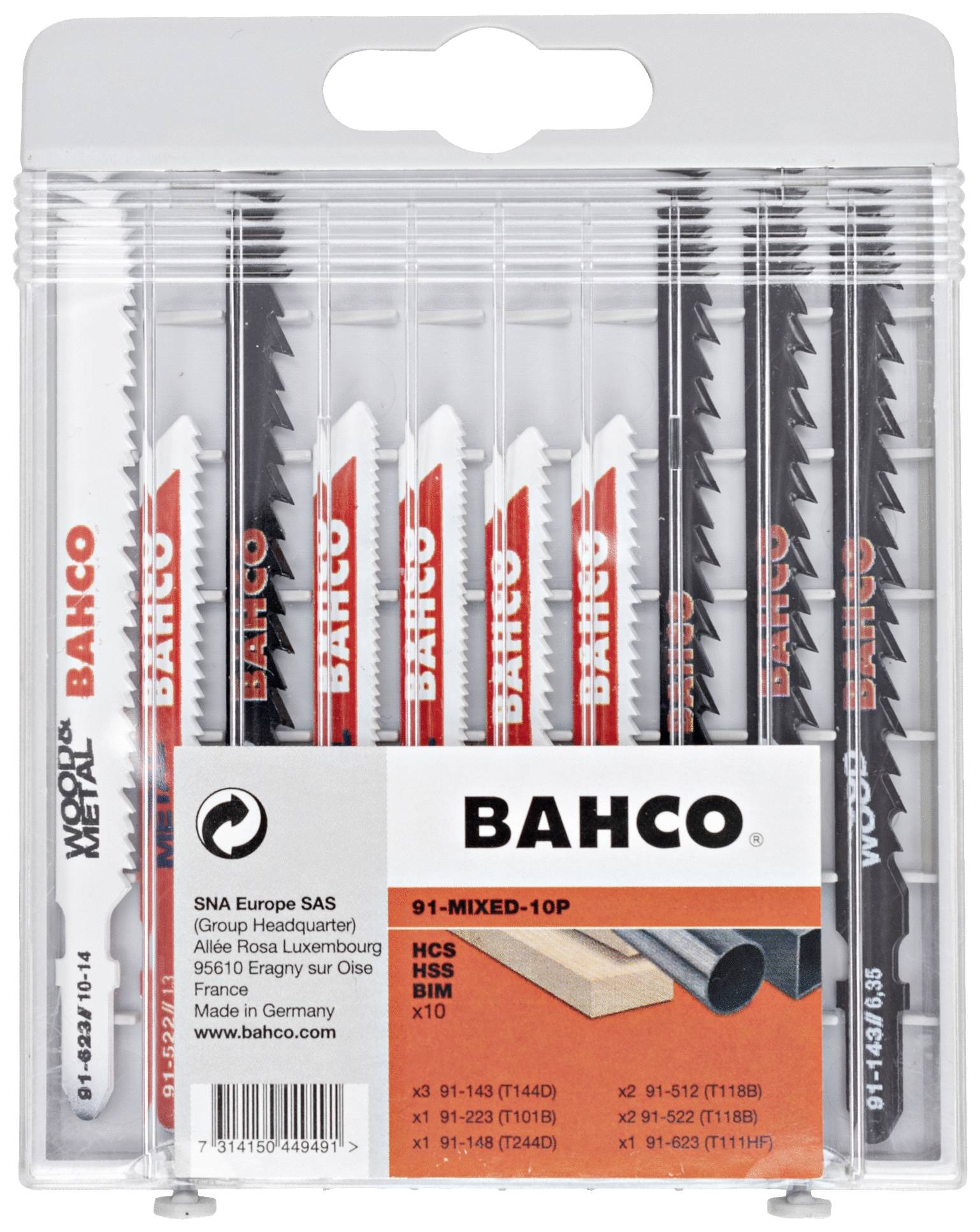 Packaging containing various BAHCO saw blades for wood and metal, type 91-MIXED-10P, 10 pieces, including illustrative selection.
