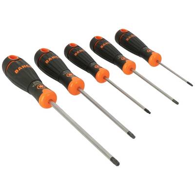 Five screwdrivers with black and orange handles, arranged in ascending size, on a white surface.