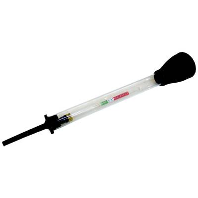 A transparent fuel tester with a black rubber bulb at the end, for measuring fluid density in vehicles.