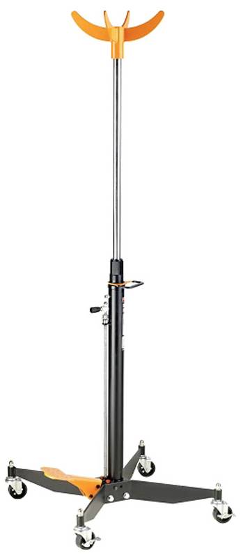 A tall, adjustable tripod stand with orange accents and caster wheels, used for supporting vertical or angled objects securely.