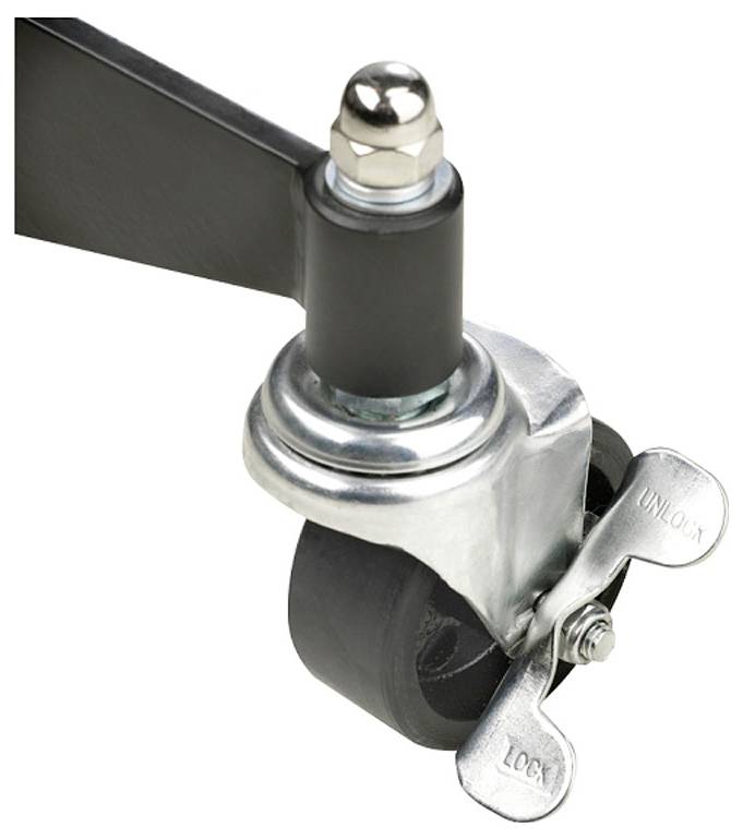 A close-up of a swivel caster wheel with a metal foot-operated locking mechanism labeled 'Lock' and 'Unlock' on a piece of furniture.