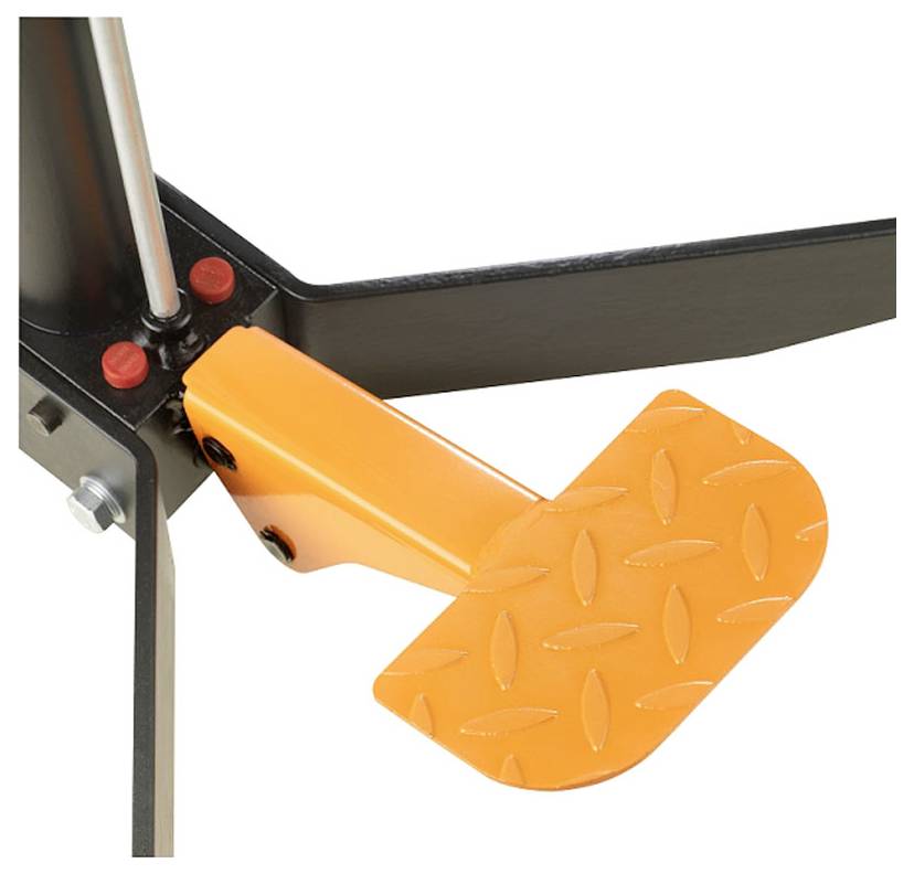 A close-up image of an orange foot pedal attached to a black metal frame, likely part of a mechanical or industrial equipment setup.