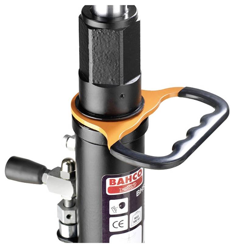 Hydraulic tool with hexagonal top, orange-circulated handle, black lever, and label showing 'Bahco' brand with safety symbols.