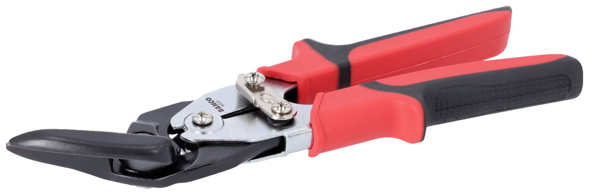 A red metal scissors with a black handle sits in the centre of the image. It has a curved blade and looks sturdy.