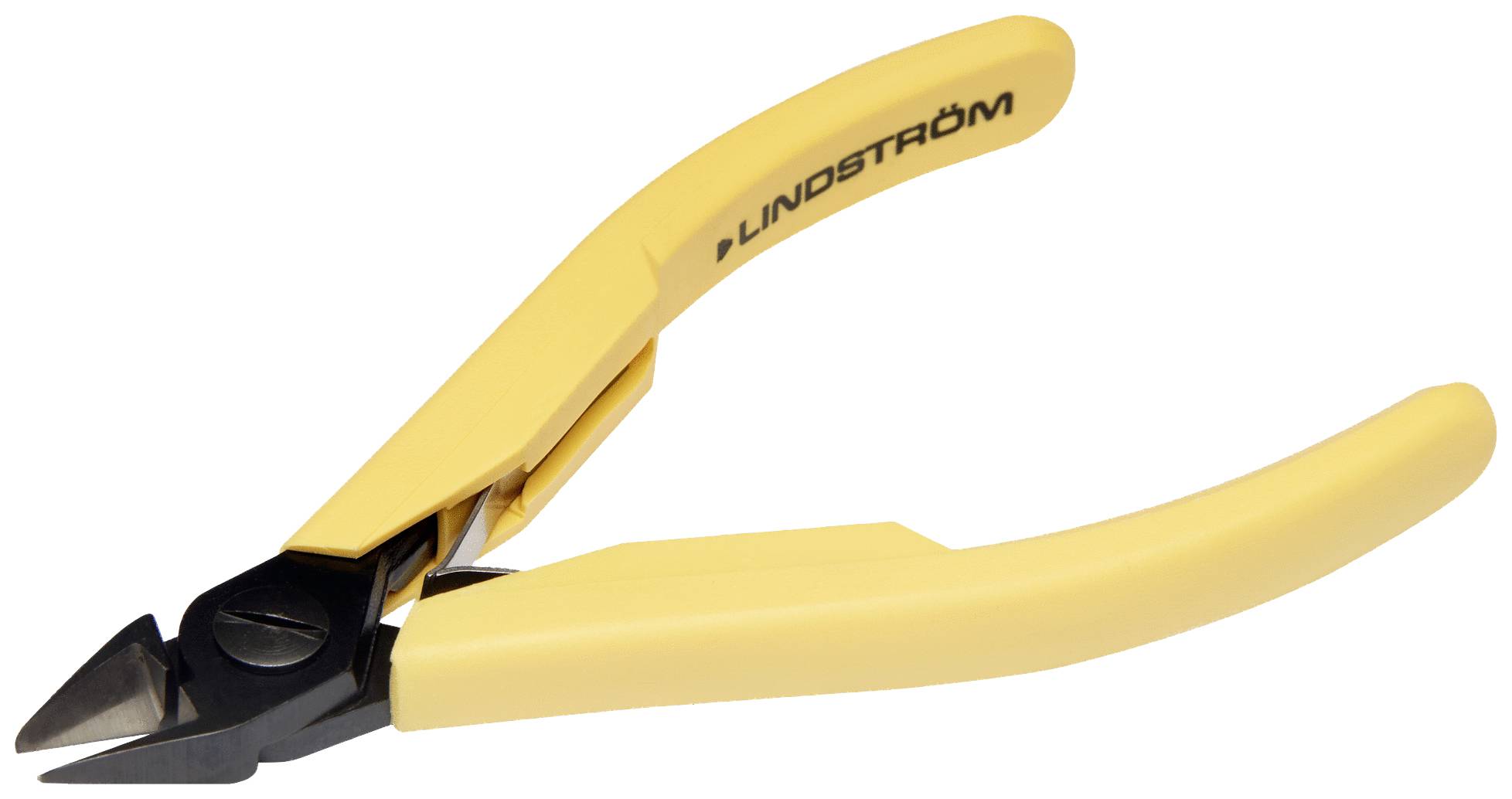 A yellow side-cutting pliers with a black and yellow handle, marked with 'Lindström'.