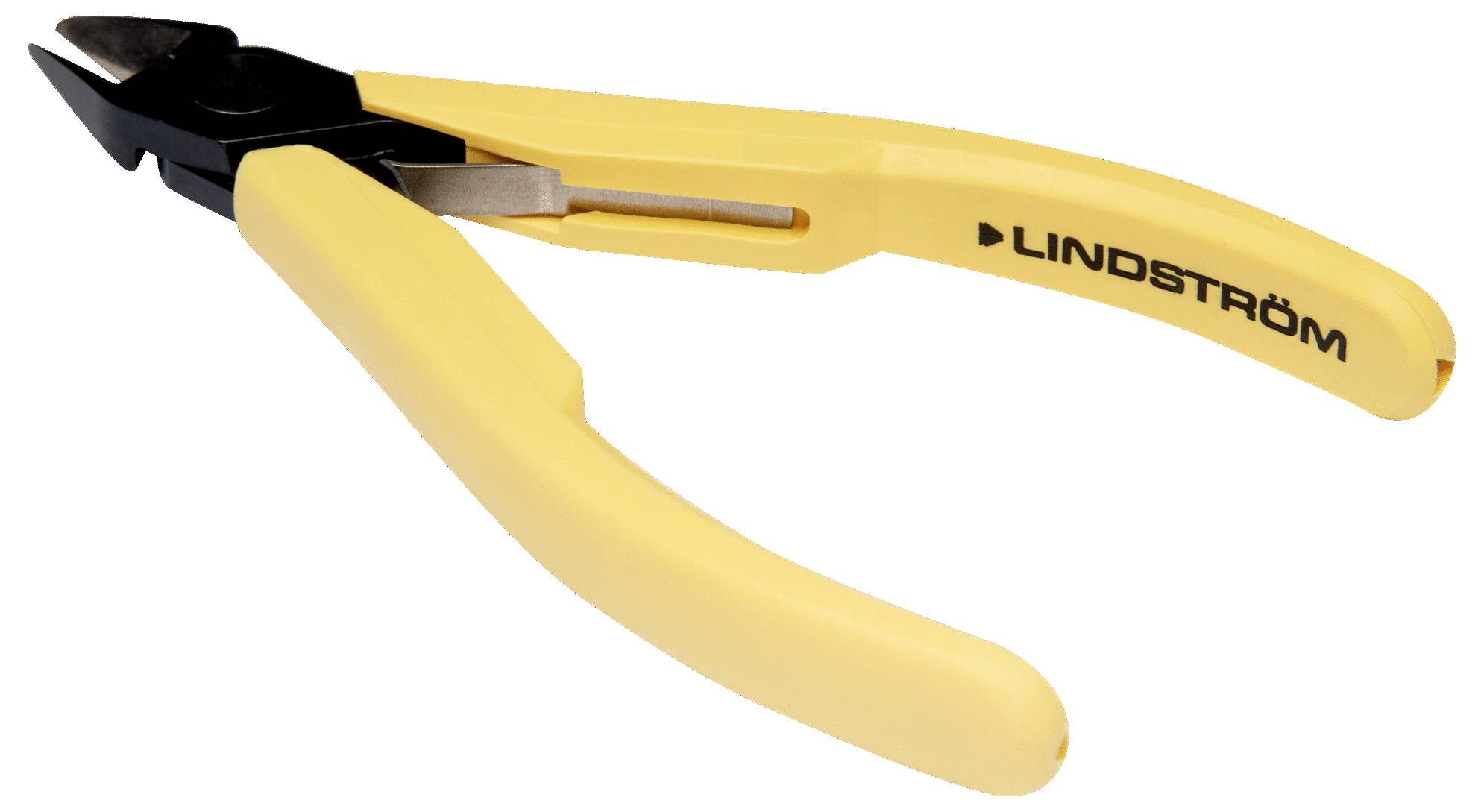 Yellow-handled pliers with a black cutting edge and the word 'Lindström' printed on the handle. Designed for precision cutting.