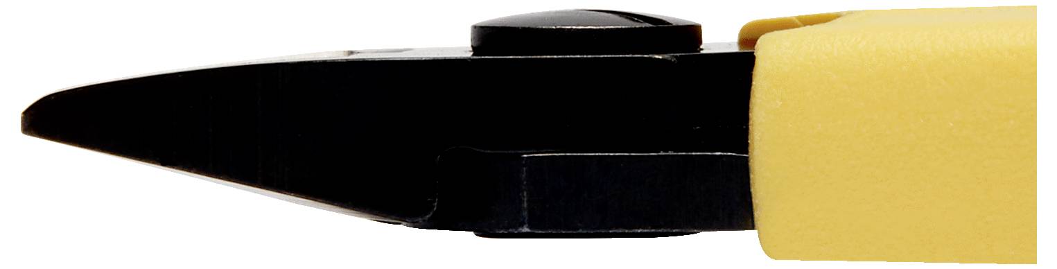 Close-up of the tip of yellow-handled wire cutters, showing the sharp, black cutting edges designed for precise snipping.