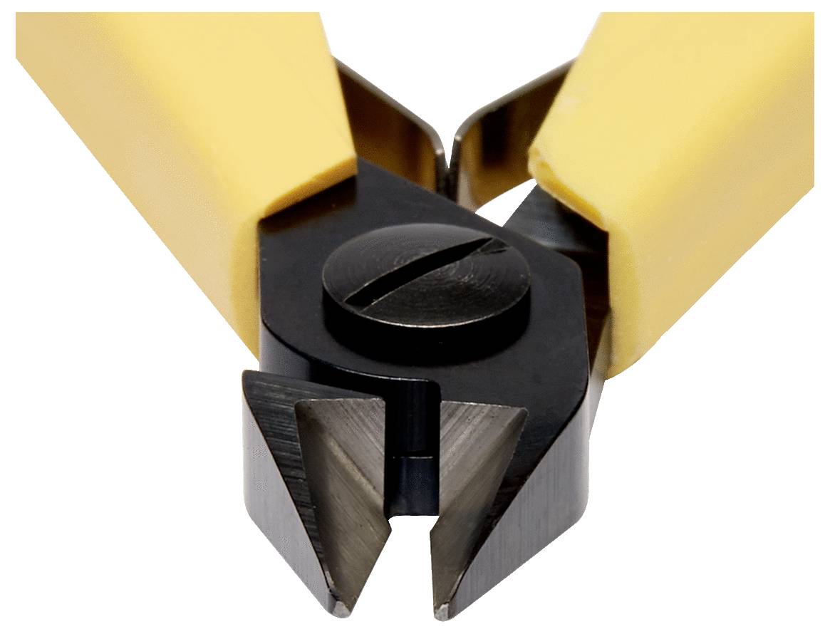 Close-up image of yellow-handled wire cutters with sharp metal blades, positioned as if ready to cut.