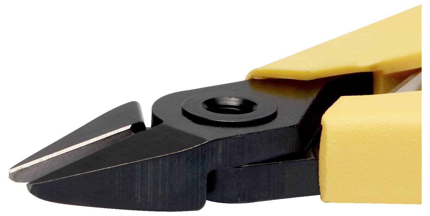 Yellow-handled wire cutter showing the angled cutting blades on a white background.