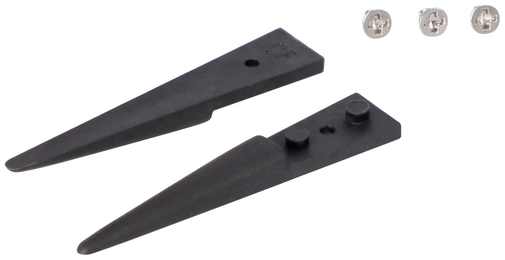 Two black plastic wedges with screws beside them, possibly an accessory for a specific mounting or device component.