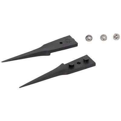 Two black, pointed spare parts with three silver screws.