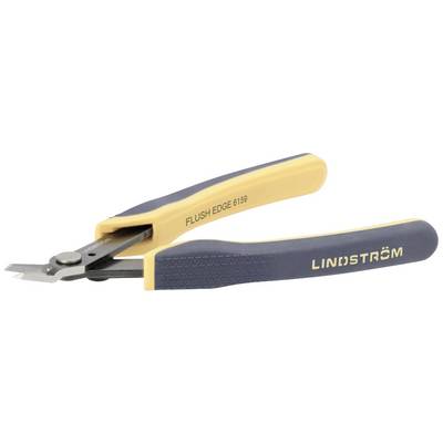 A blue and yellow side cutter with the inscription 'FLUSH EDGE 6169' and 'LINDSTRÖM' on the handles, shown lying down.