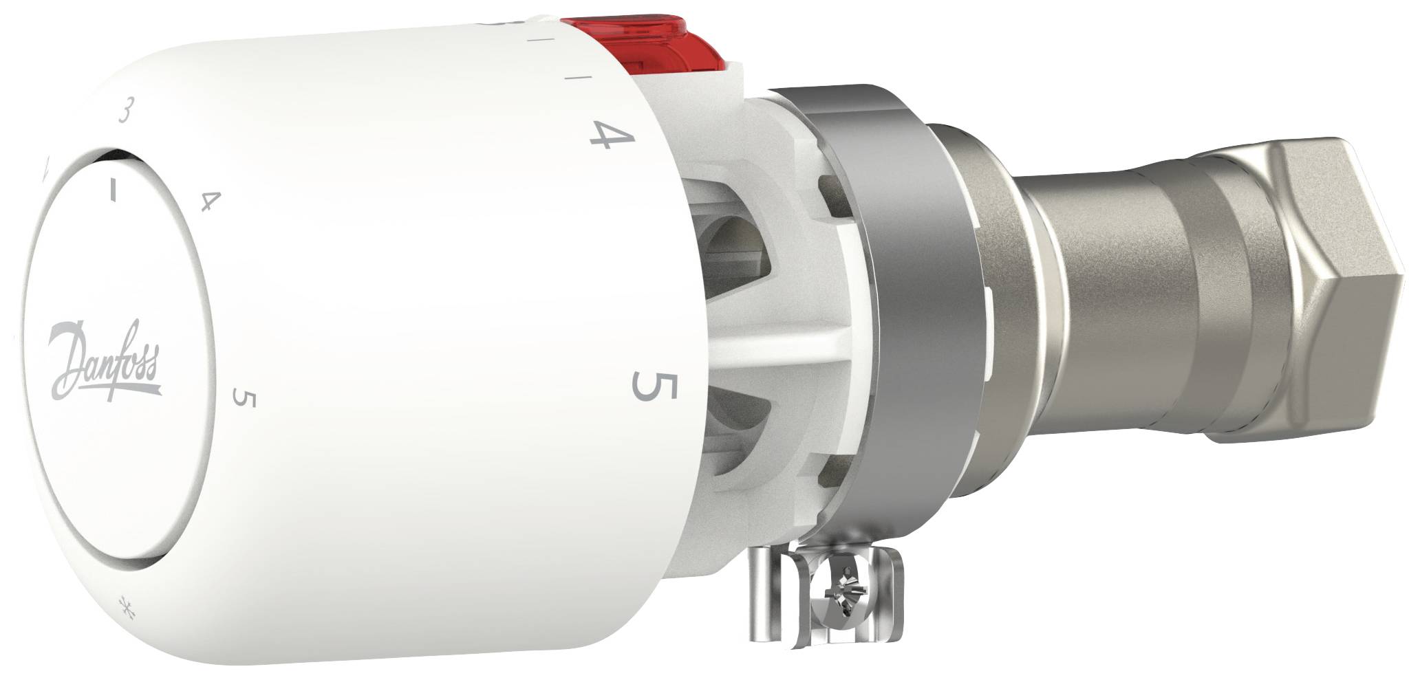 White radiator thermostat with numbers 1 to 5 and a red marking point. Used for setting radiator temperatures.
