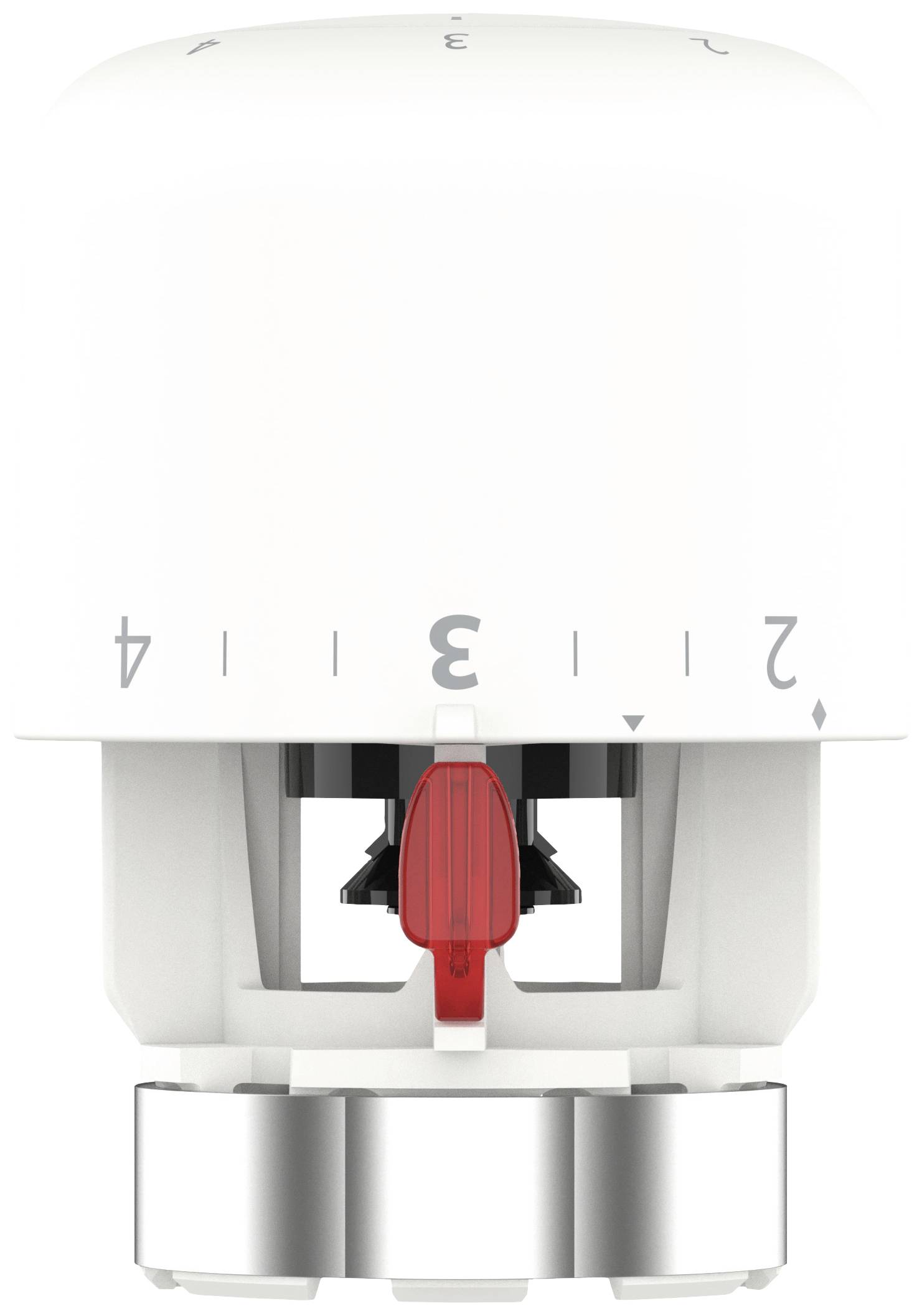 A white thermostat with scales from 1 to 5 for temperature control, centrally positioned with a visible red marker for adjustment.