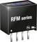 'RFM series' power converters from RECOM with black housing and metal pins, safety certification logos printed.