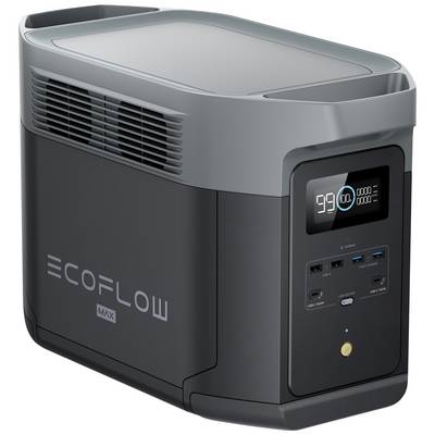 Portable power station with digital display showing '99'. Device in a black casing with grey accents, featuring USB and AC ports.