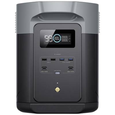 Portable power station with digital display showing '99%' charge level. Includes USB-C, USB-A and fast charging ports.