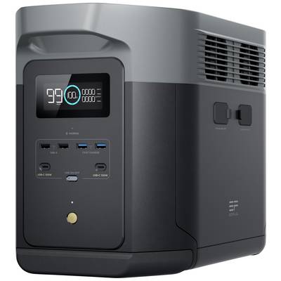 Portable power station with a digital display showing a battery charge of 99%. Front panel featuring multiple USB ports and a button.