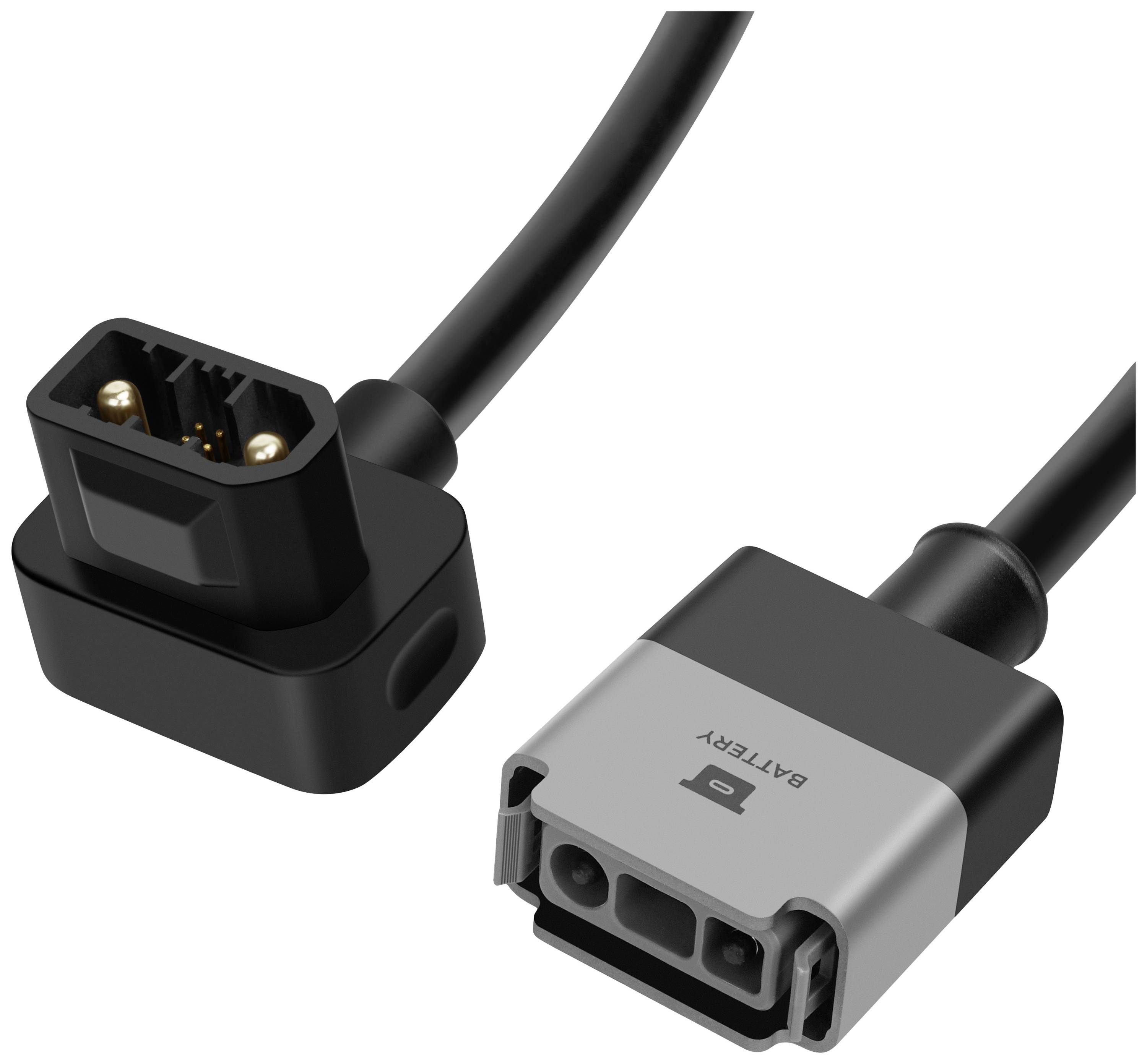 A black and grey charging cable with a magnetic connector, connected to a rectangular plug. Suitable for charging devices.