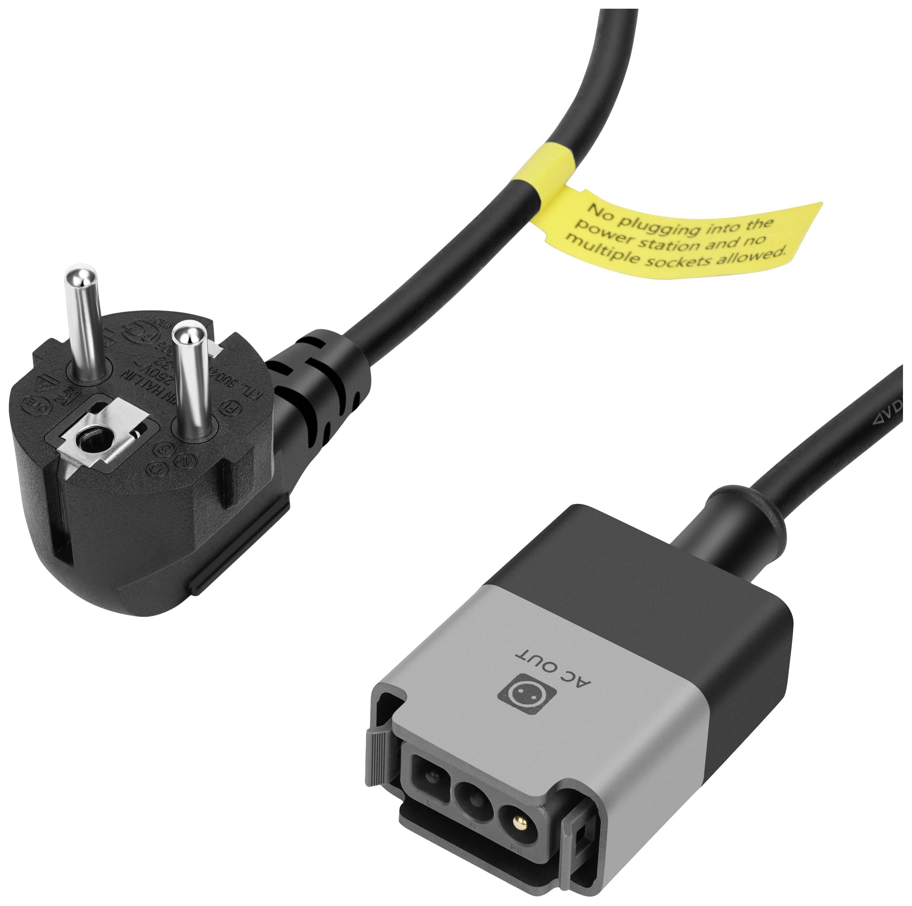 A black power cable with a two-pin European plug and an AC OUT socket; with a warning label on the cable.