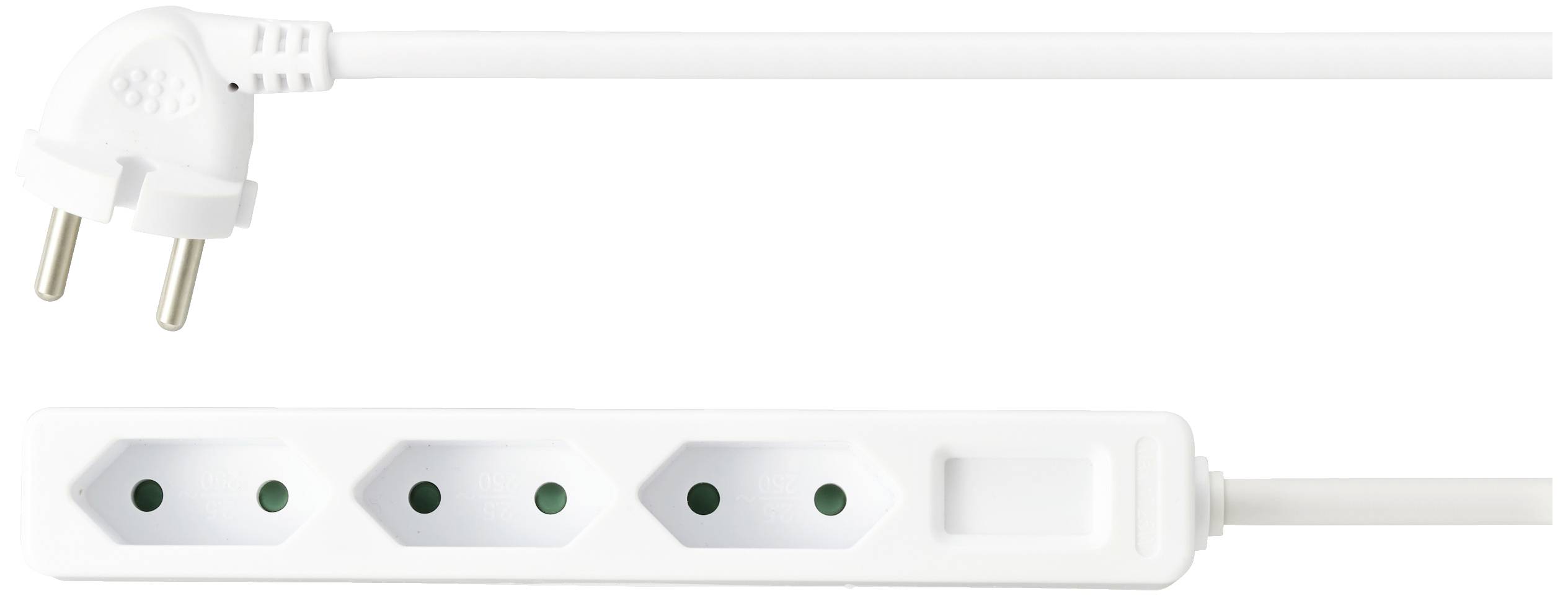 White multi-socket extension with three plug sockets and an attached cable with a European plug.