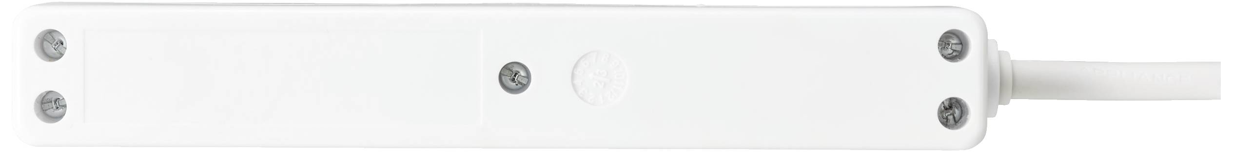 A white power strip with four mounting screws and a cable on the right.