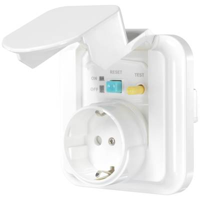 White earthed plug with cover, reset and test buttons. Socket for electronic devices, providing additional protection.