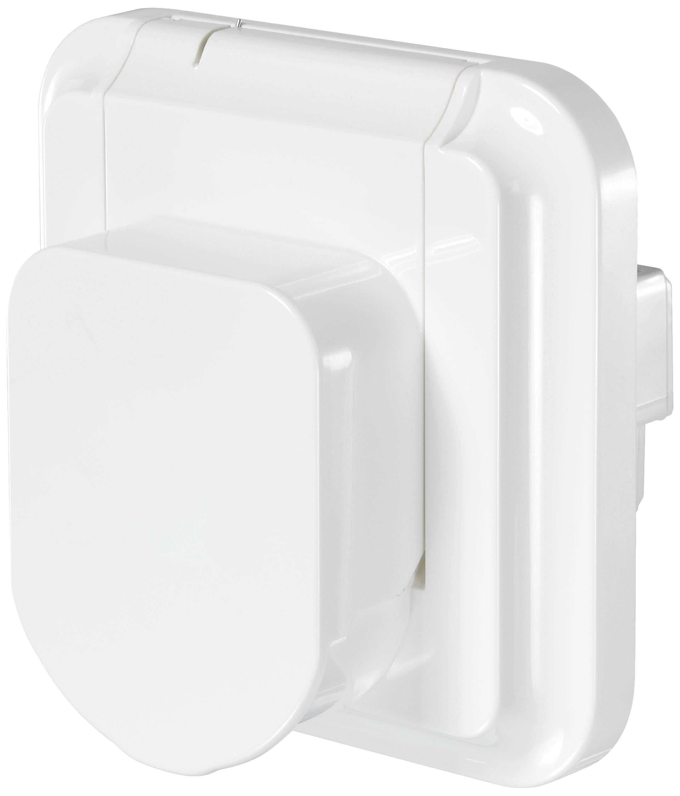 A square, white socket adapter with rounded edges, designed for secure protection of electrical outlets in households.