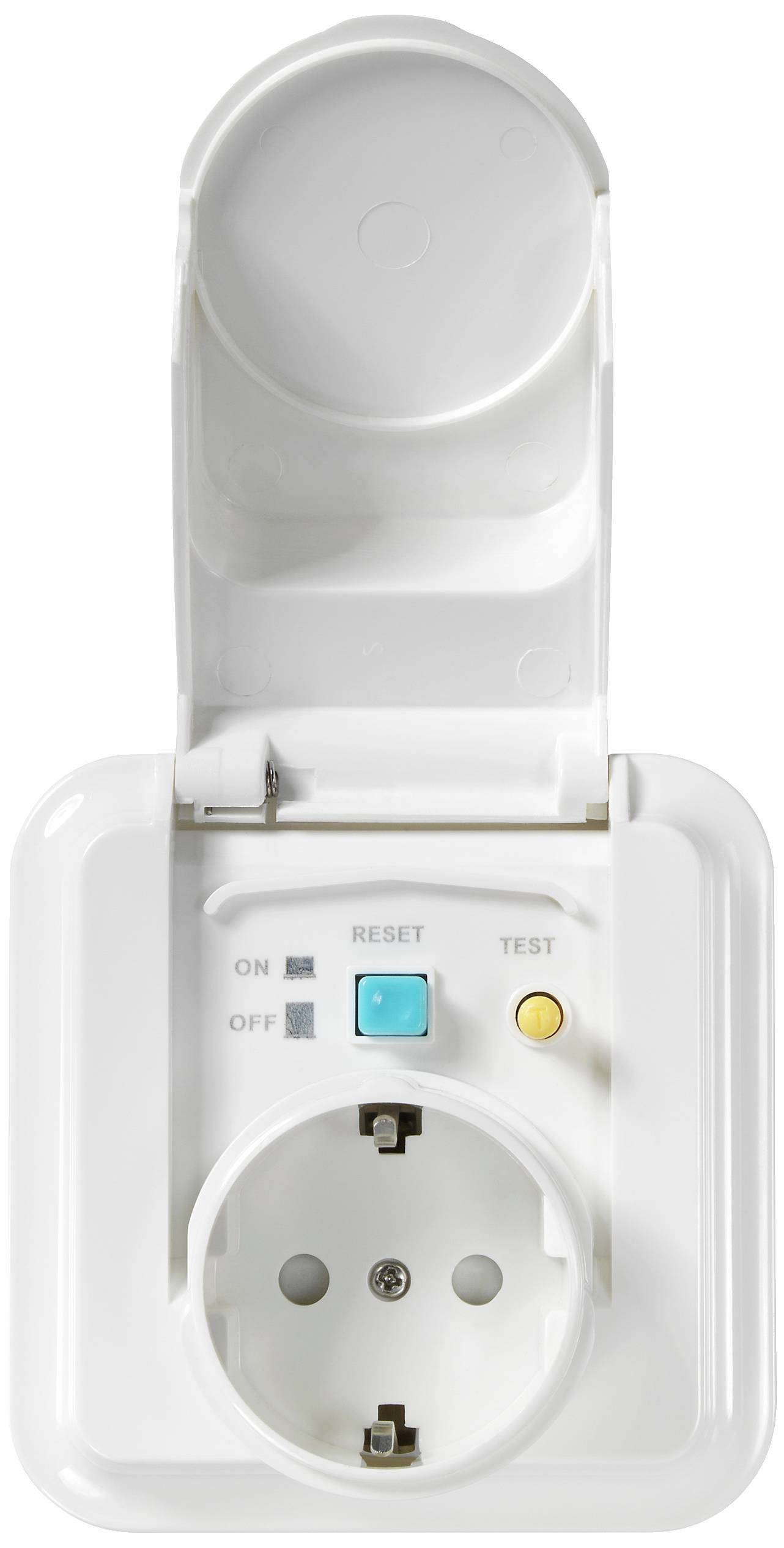 A white socket with an open protective cover and switches for 'ON', 'OFF', 'RESET' and 'TEST'. Contains a socket outlet.