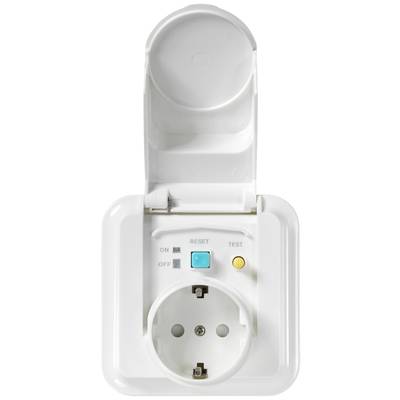 A white socket with an open protective cover and switches for 'ON', 'OFF', 'RESET' and 'TEST'. Contains a socket outlet.