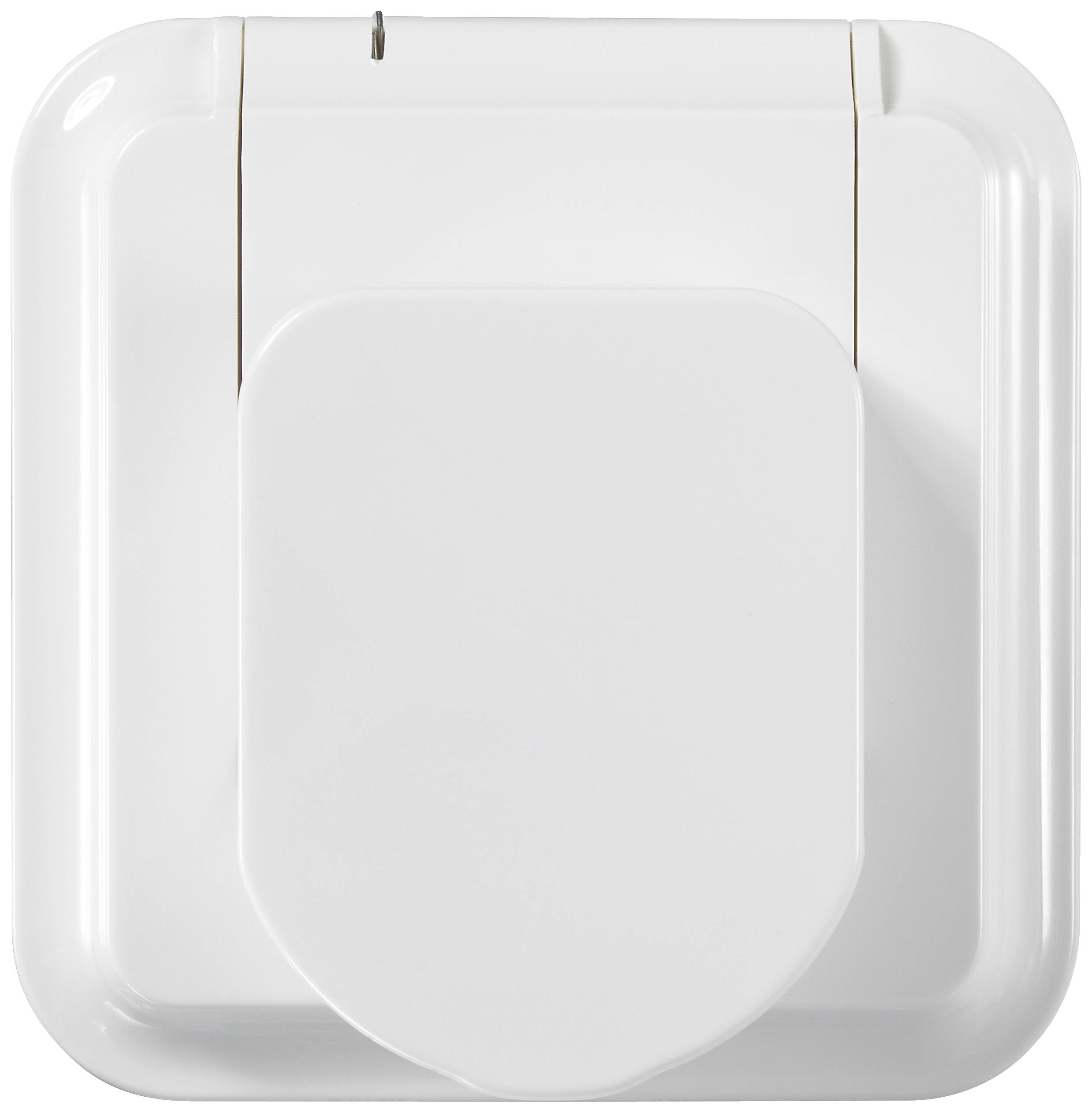 A white, square, externally mounted double-wing door opener, closed, shows a smooth surface without visible decorations.