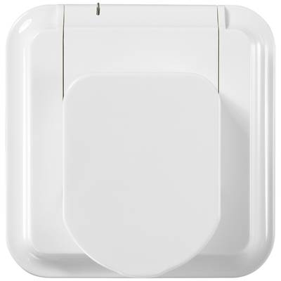 A white, square, externally mounted double-wing door opener, closed, shows a smooth surface without visible decorations.