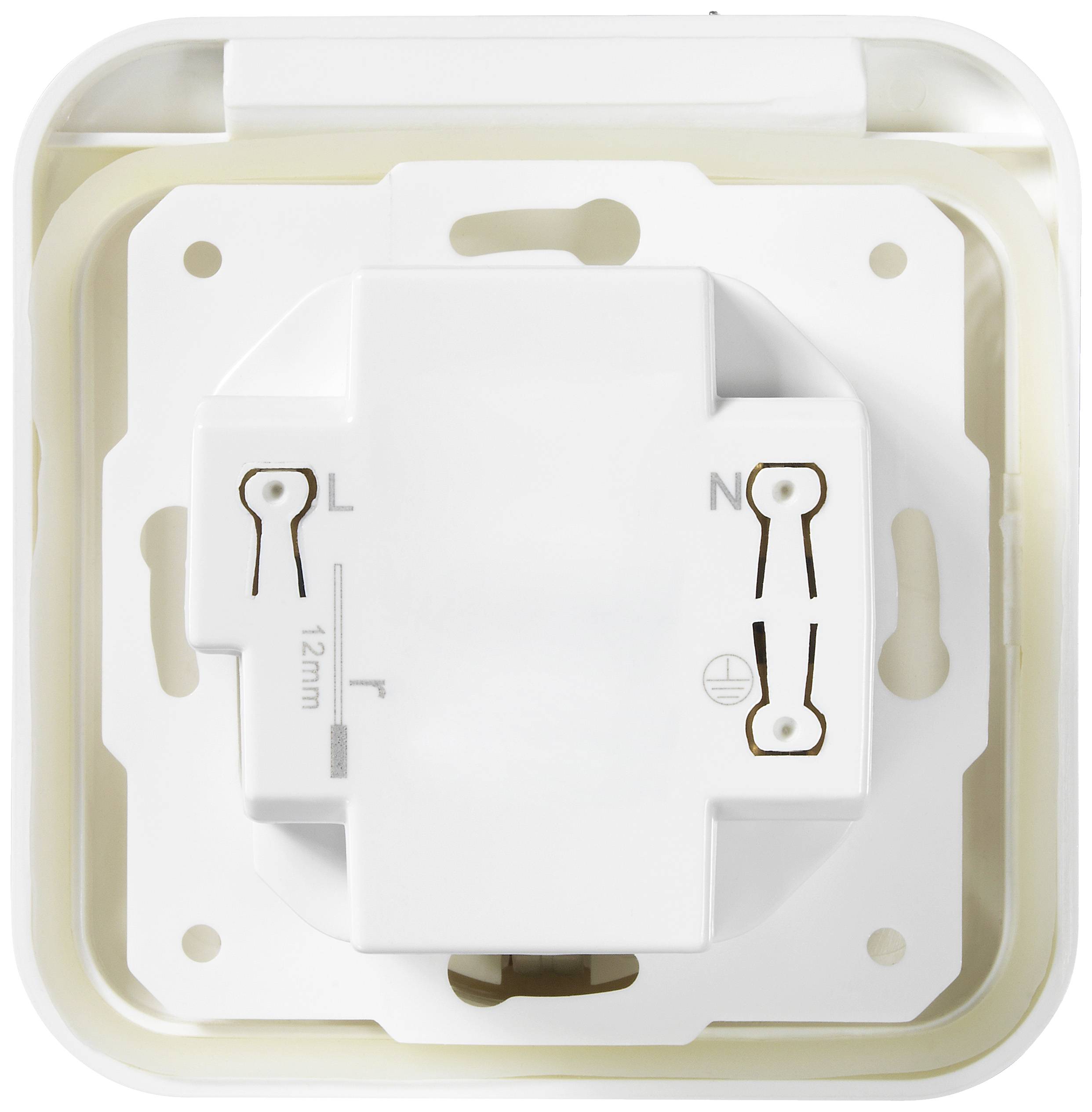 Back of a white socket, showing the connections for 'L' (live) and 'N' (neutral), with space for 12mm cable.