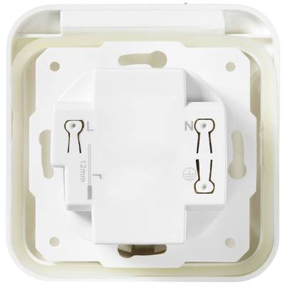 Back of a white socket, showing the connections for 'L' (live) and 'N' (neutral), with space for 12mm cable.