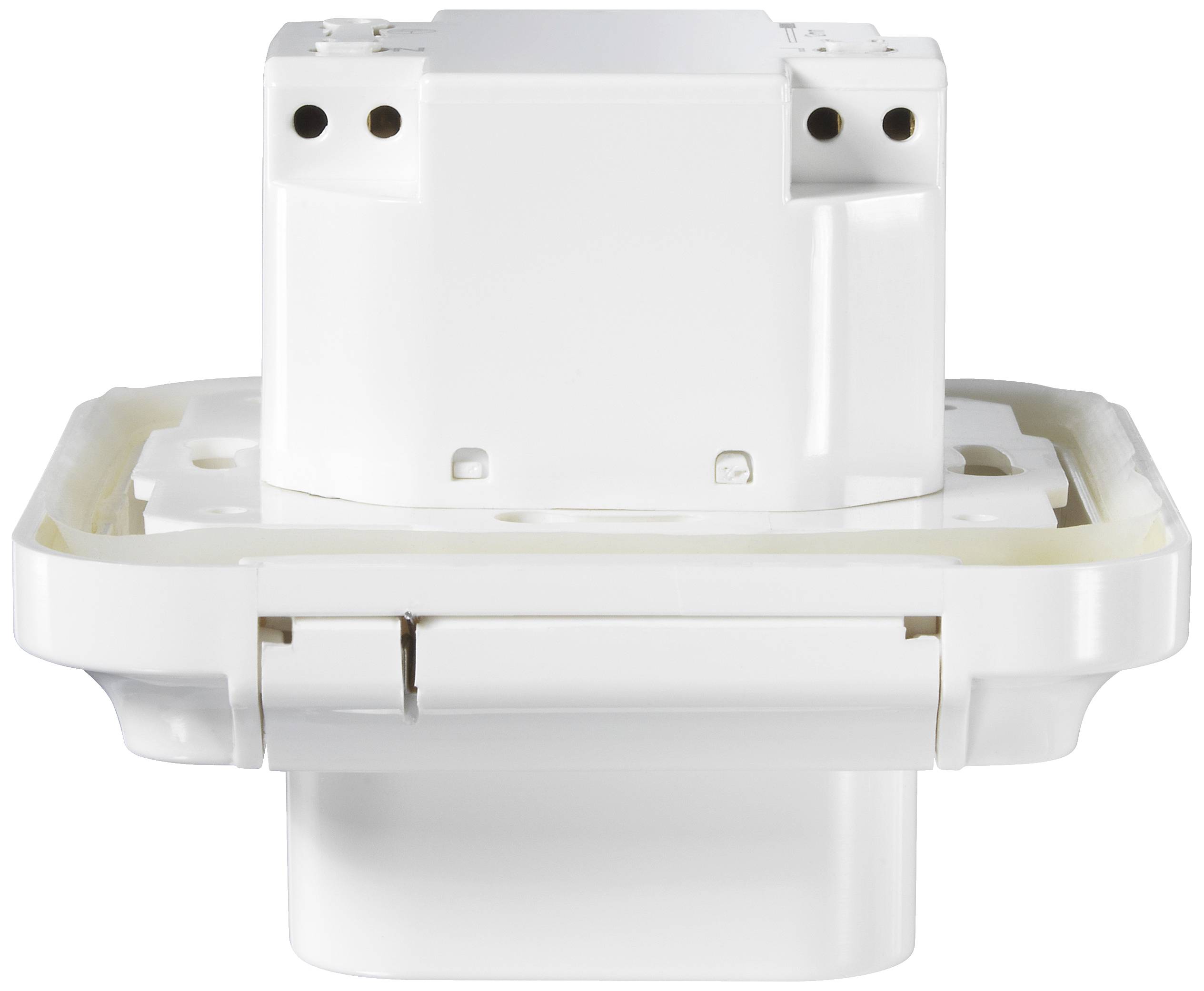 A white electrical plug or adaptor, pictured from the front.