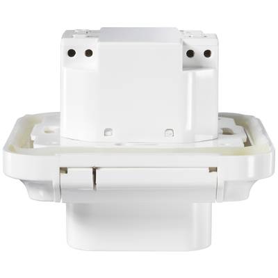 A white electrical plug or adaptor, pictured from the front.