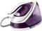 A purple and white steam iron with a transparent water tank and flexible cable, positioned on a smooth surface.