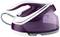 Steam iron with a purple water tank and white handle. It is positioned sideways and placed on a transparent surface.