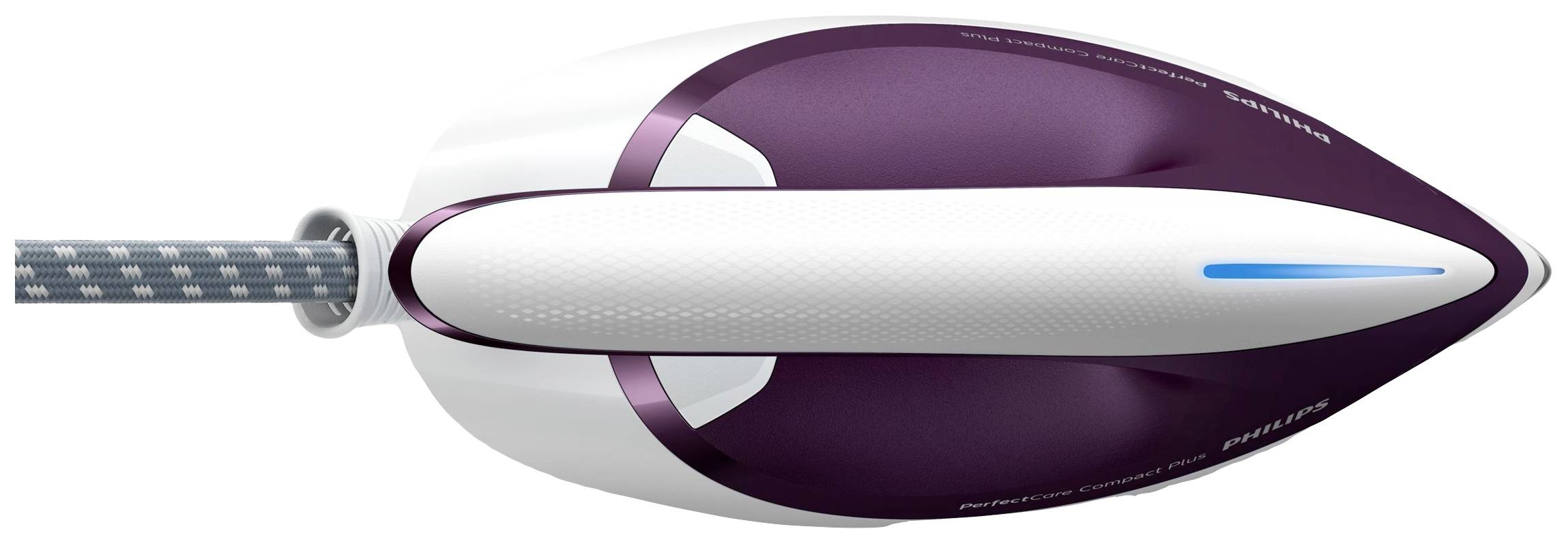 An iron in modern design viewed from above, featuring purple and white elements and a blue control light.
