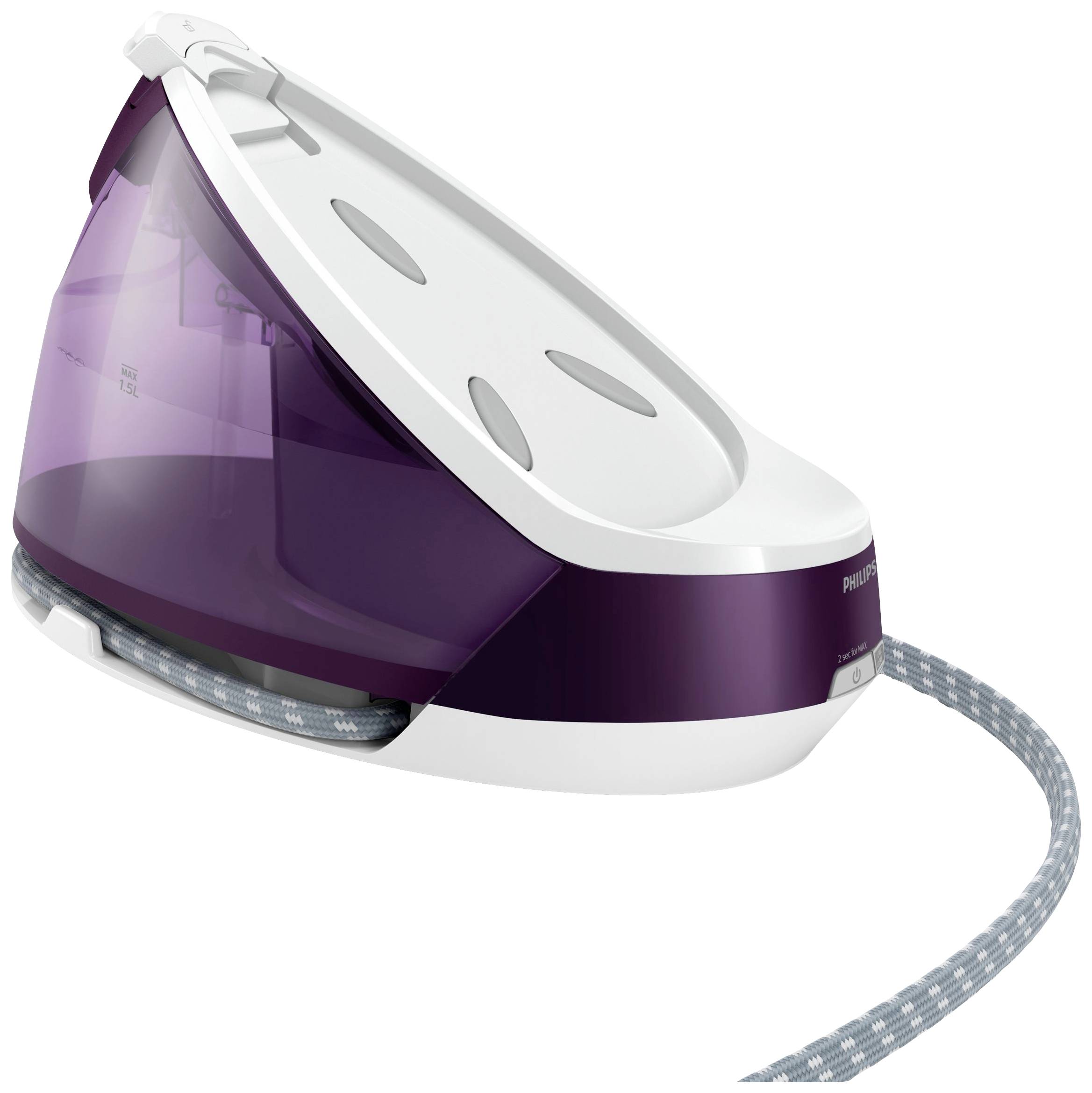 Iron with a lavender-coloured water tank and white casing, demonstrating a modern and compact design, suitable for fabric care.