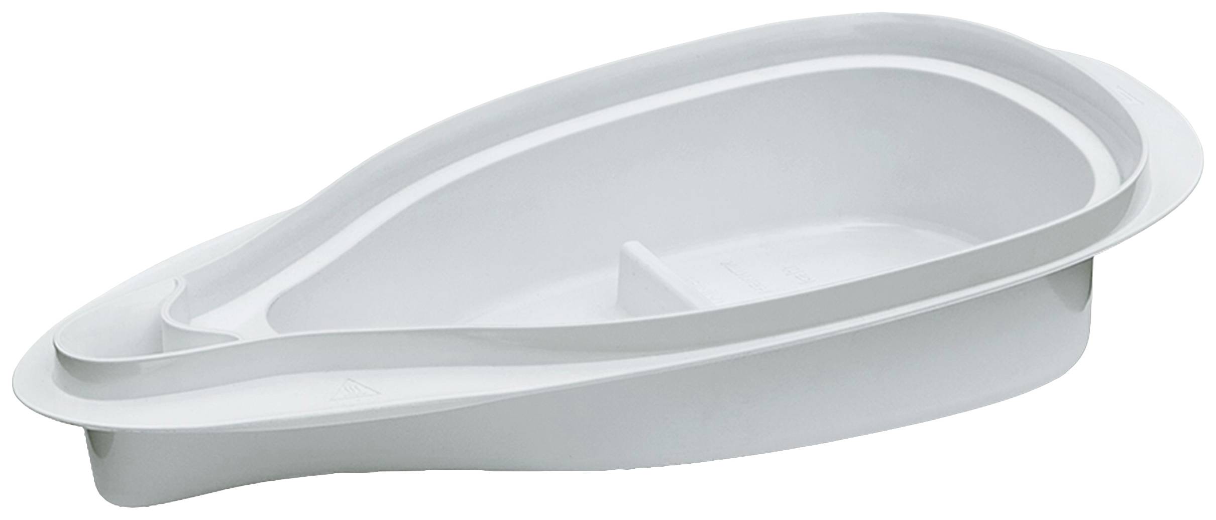 The image depicts a white plastic kidney dish typically used for bodily fluids in medical settings.