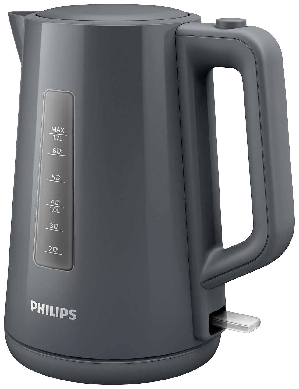 A grey Philips kettle with a 1.7 litre capacity. It features a water level indicator and has a wide handle.