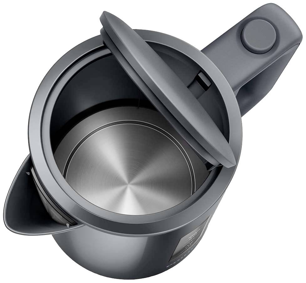 A modern, open stainless steel kettle with a flip-up lid. Top-down view showing interior and handle.