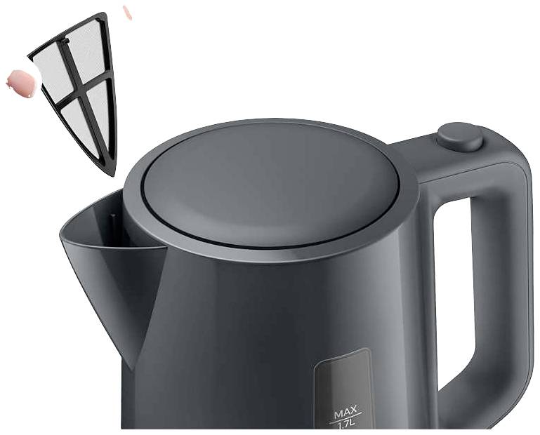 Electric kettle in grey. The lid is closed. A removable filter is shown above the spout.