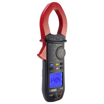 A digital clamp meter with a red sensor and blue-illuminated display shows the value 'F404'; used for measuring electric current.