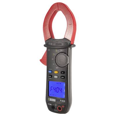 Clamp meter with red and black design, digital display and rotary selector switch for measuring electrical currents.